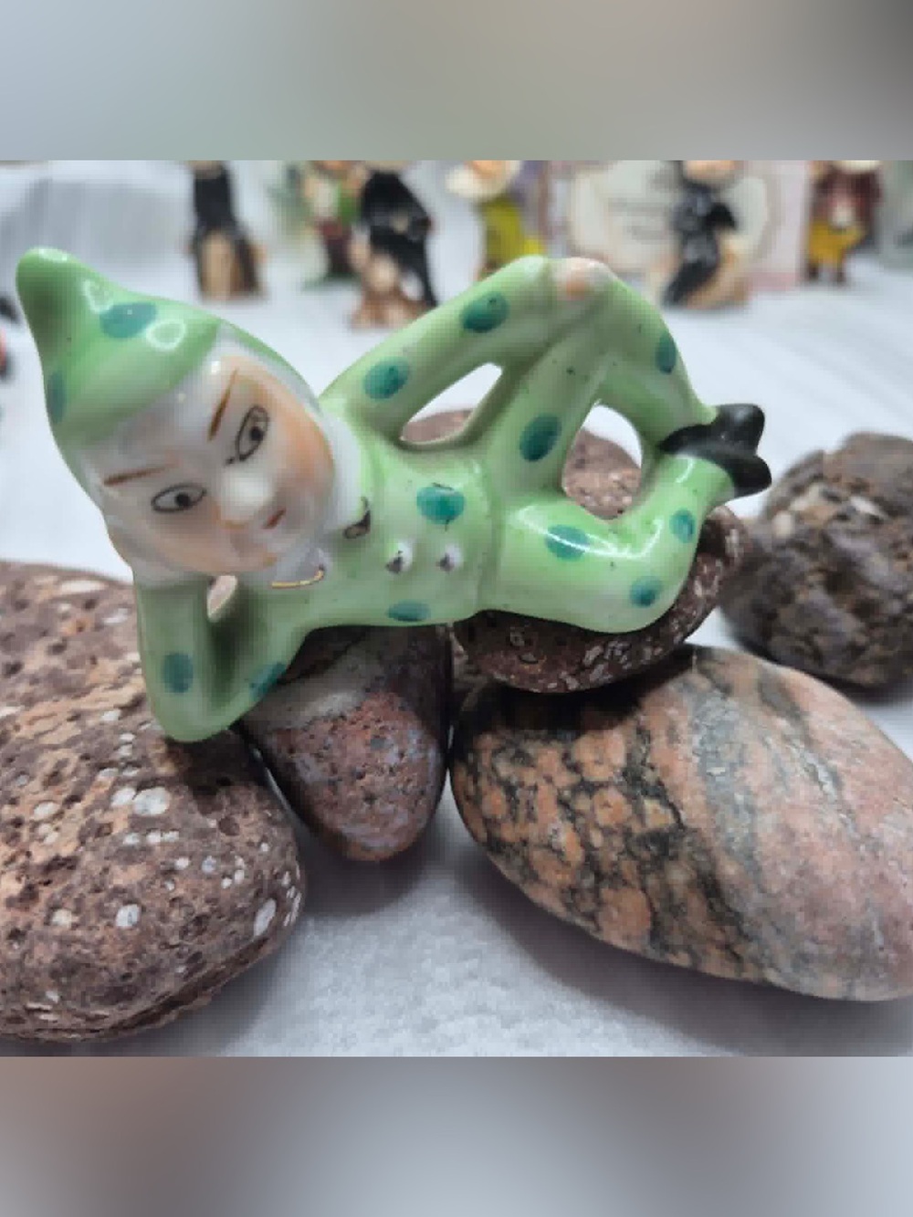 Rare MCM Polkadot Pixie Figurine - Miniature Elf in Green Polkadots 1950s Japan